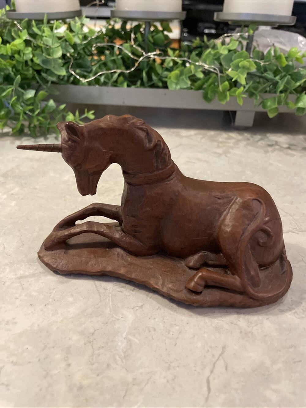 Vintage Red Mill Manufacturing Resting Unicorn Pecan & Resin 1990 5.75x3.75x3.5”